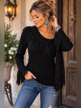 Pow Wow Black Fringe Crochet Sweater L Boho Western Festival Statement Top